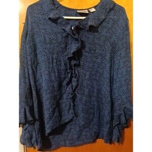 Chico's Design Womens Blue Bell Sleeve Geometric Ruffle Blouse Top Size 2 #k178